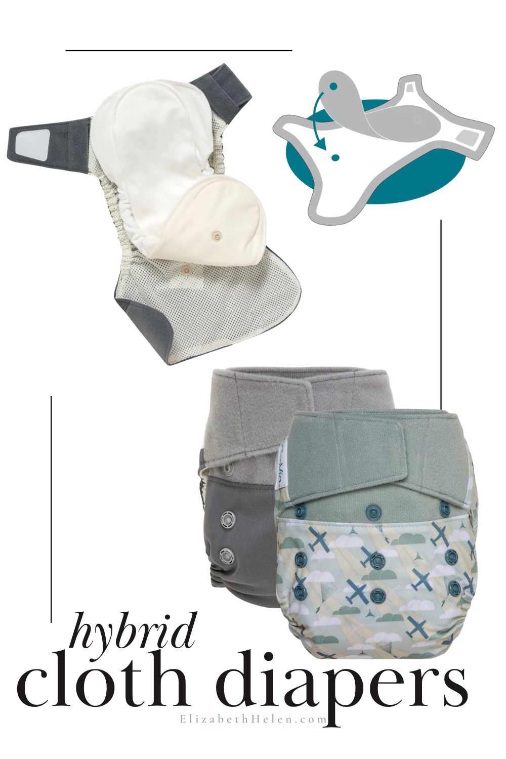 examples of hybrid Grovia diapers and an image of how the hybrid works